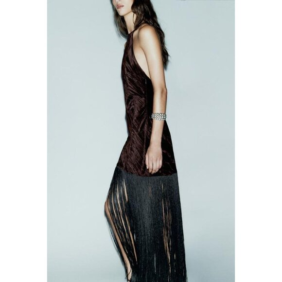 ZARA VELVET FRINGED MIDI DRESS - Picture 6 of 11